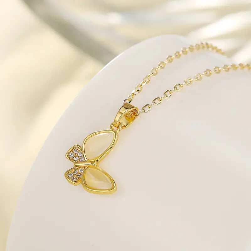 Golden Butterfly Pendant Necklace with Cat’s Eye & Tiger’s Eye Stones Jewelry