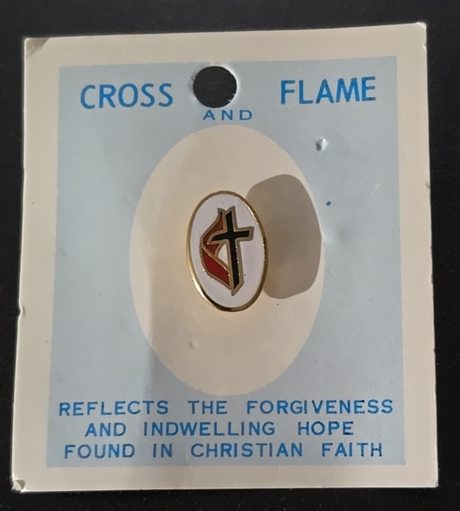 Religious Enamel Cross and Flame Oval Lapel Pin Tie Tac