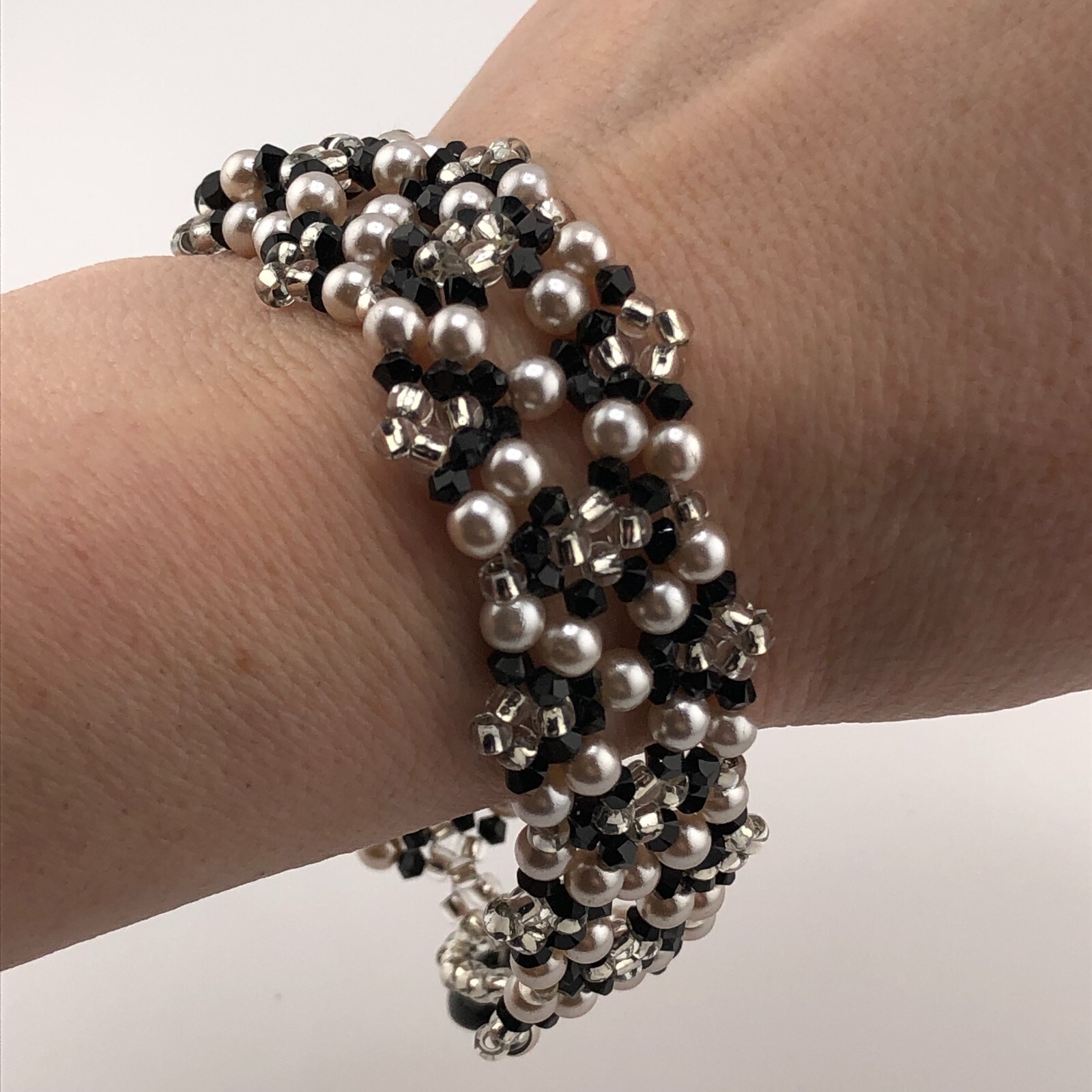 Woven Bead Bracelet Black, White & Pale Pink Beads Valentine’s Retro Festival
