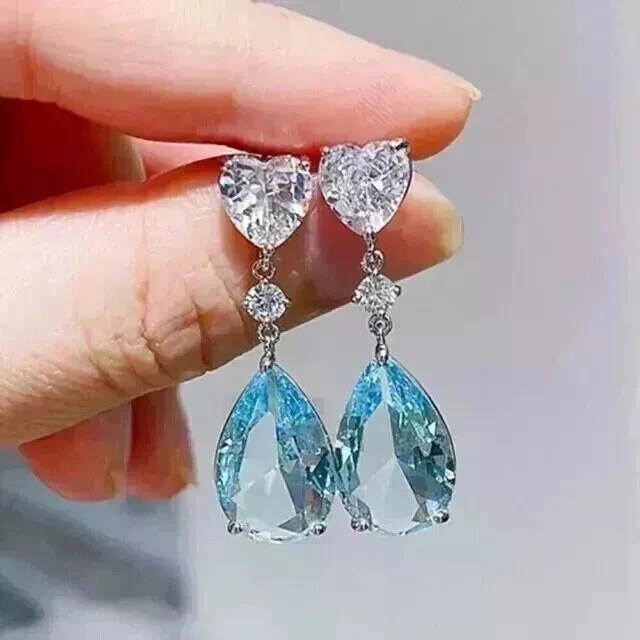 Simulated Aquamarine 3Ct Pear Cut Drop Dangle Earrings 14k White Gold Plated