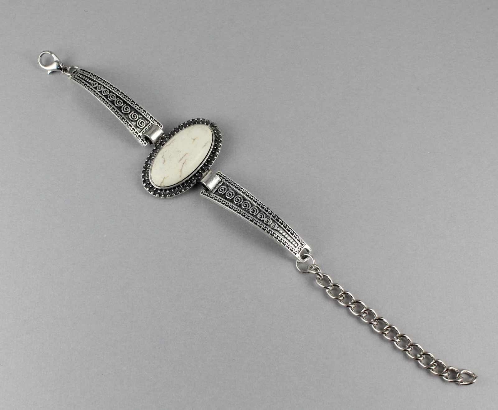 Cream Silver bracelet hinged bangle cuff chain link bracelet big faux gem