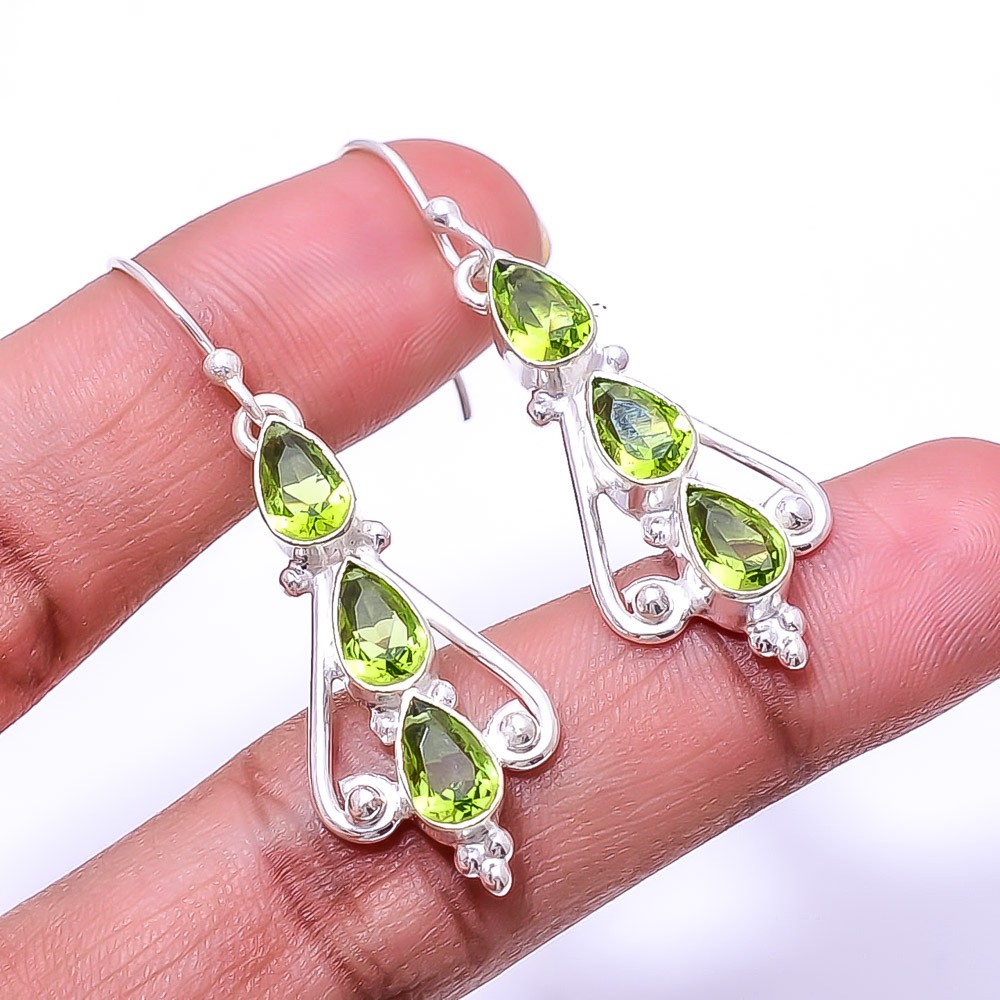 Peridot Multi Collet 925 Sterling Silver Earring 1.95″ E1, Christmas Gift