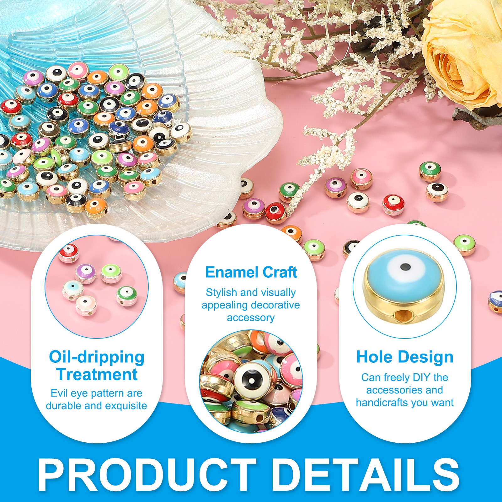 60 Pcs 8mm Flat Round Evil Eye Beads with Golden Edge, Lake Blue
