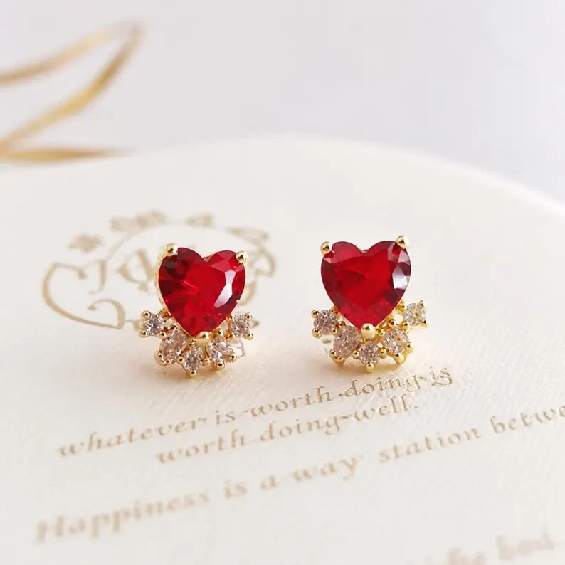 2.10 Ct Heart Cut Simulated Red Ruby Flower Stud Earrings 14k Yellow Gold Plated