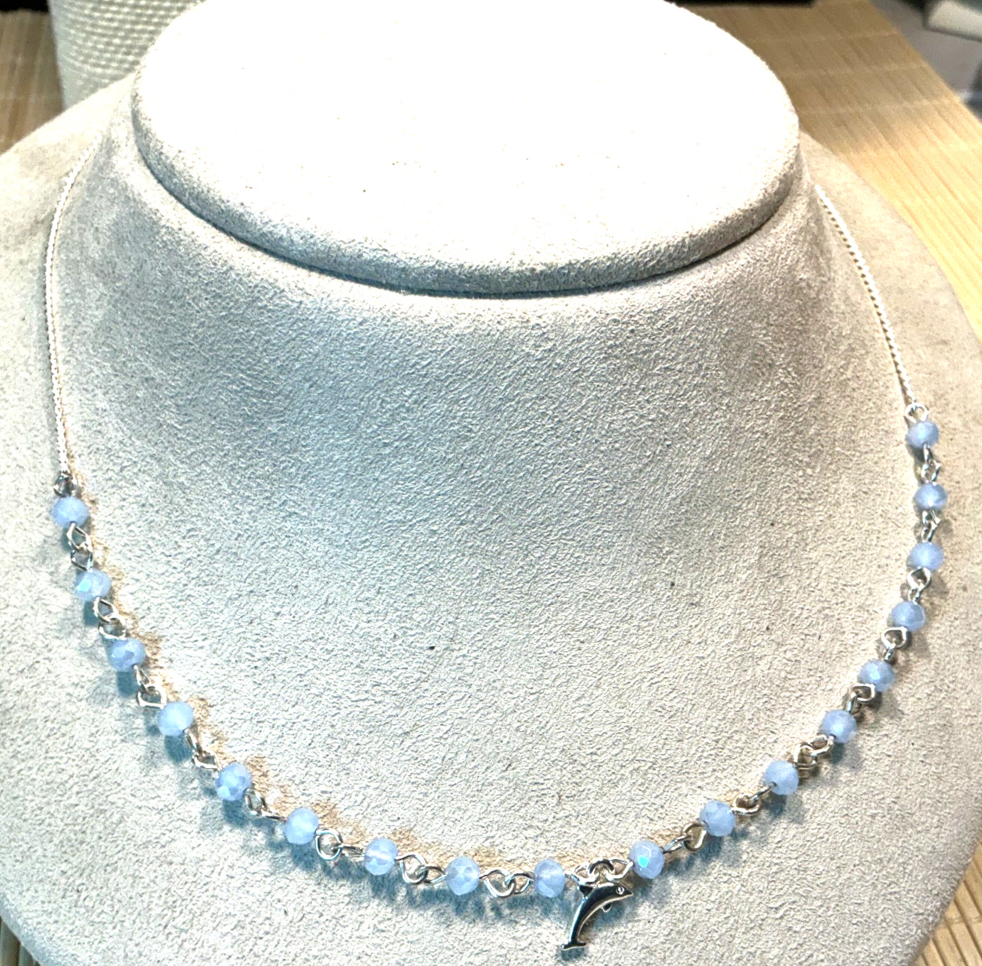 Adult Jewels Necklace Pale Blue Glass Tiny Saucer Dolphin Silver Choker Lot 104B