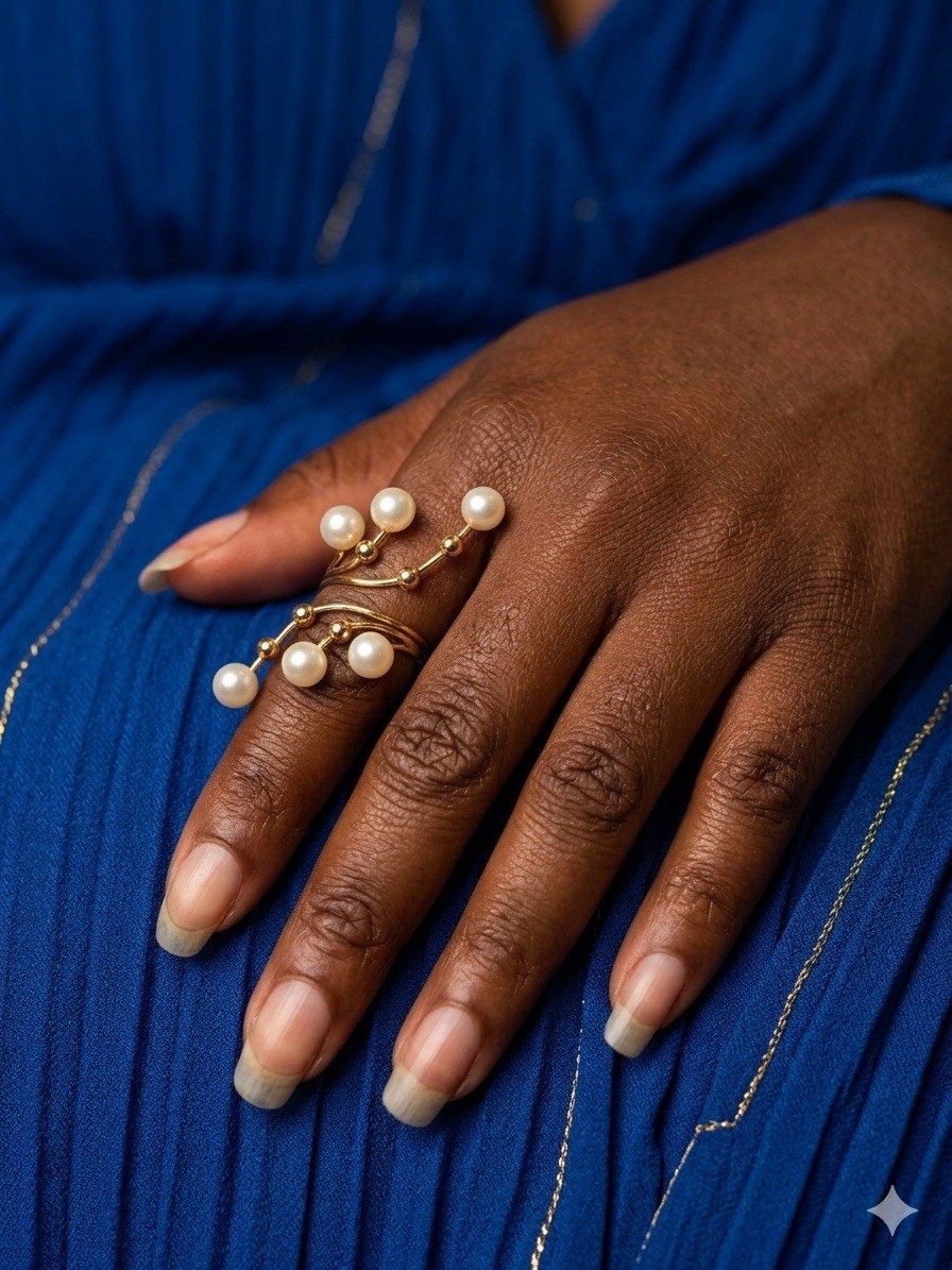 White Gold Plated Gold Tone Cocktail Ring White Round Pearl Cluster Size 6