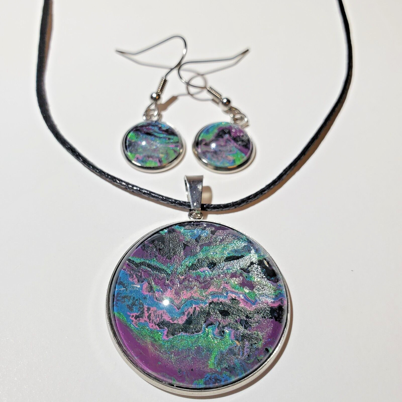 Necklace and Earrings Set, Acrylic Paint Pour Painting Jewelry, A12
