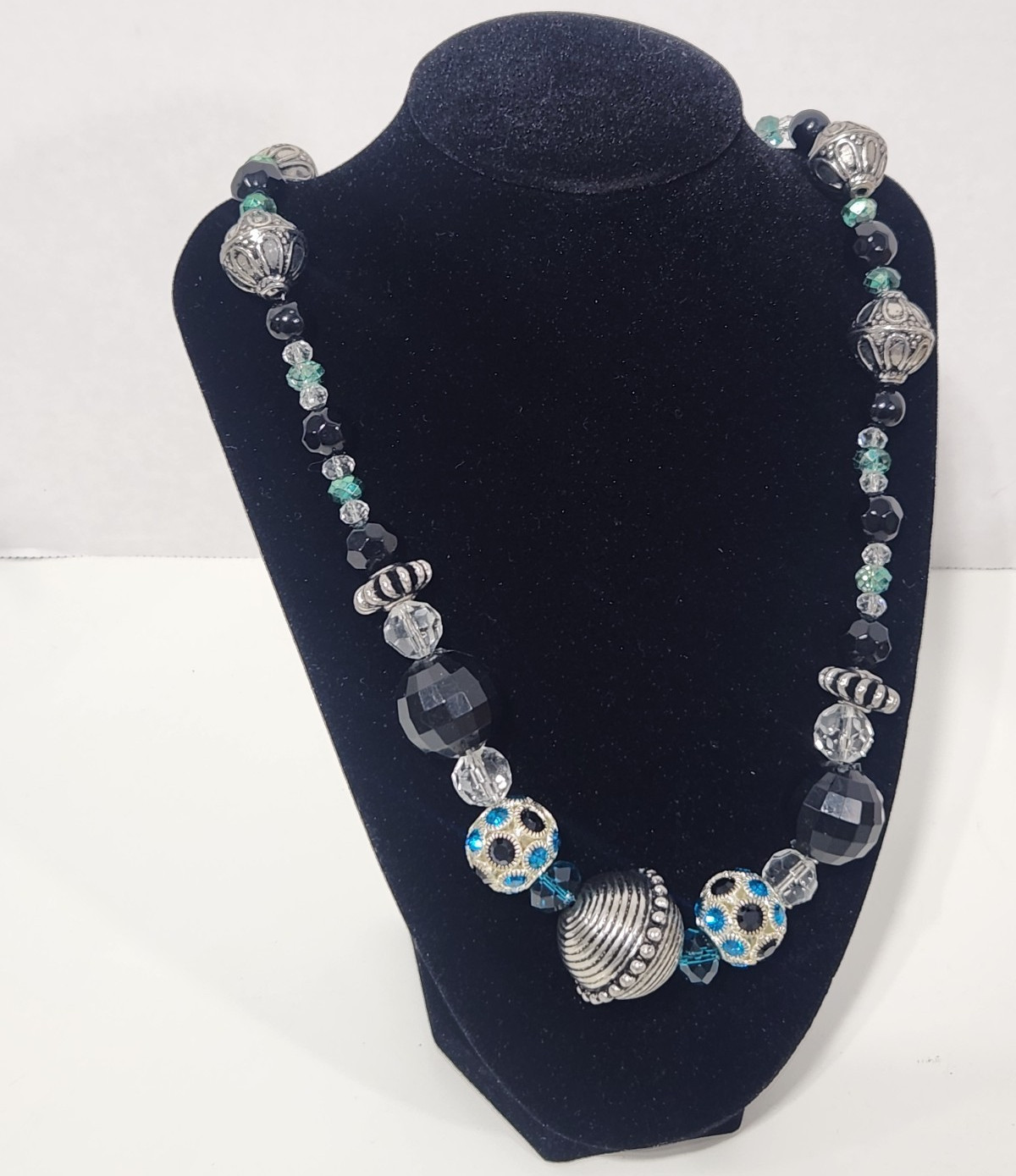 Black Silver Blue Glass Beaded Statement Necklace Rhinestone 24 in