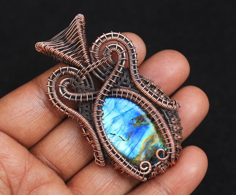 Rare Blue Flash Labradorite Copper Wire Wrap Pendant Jewelry For Gift N232