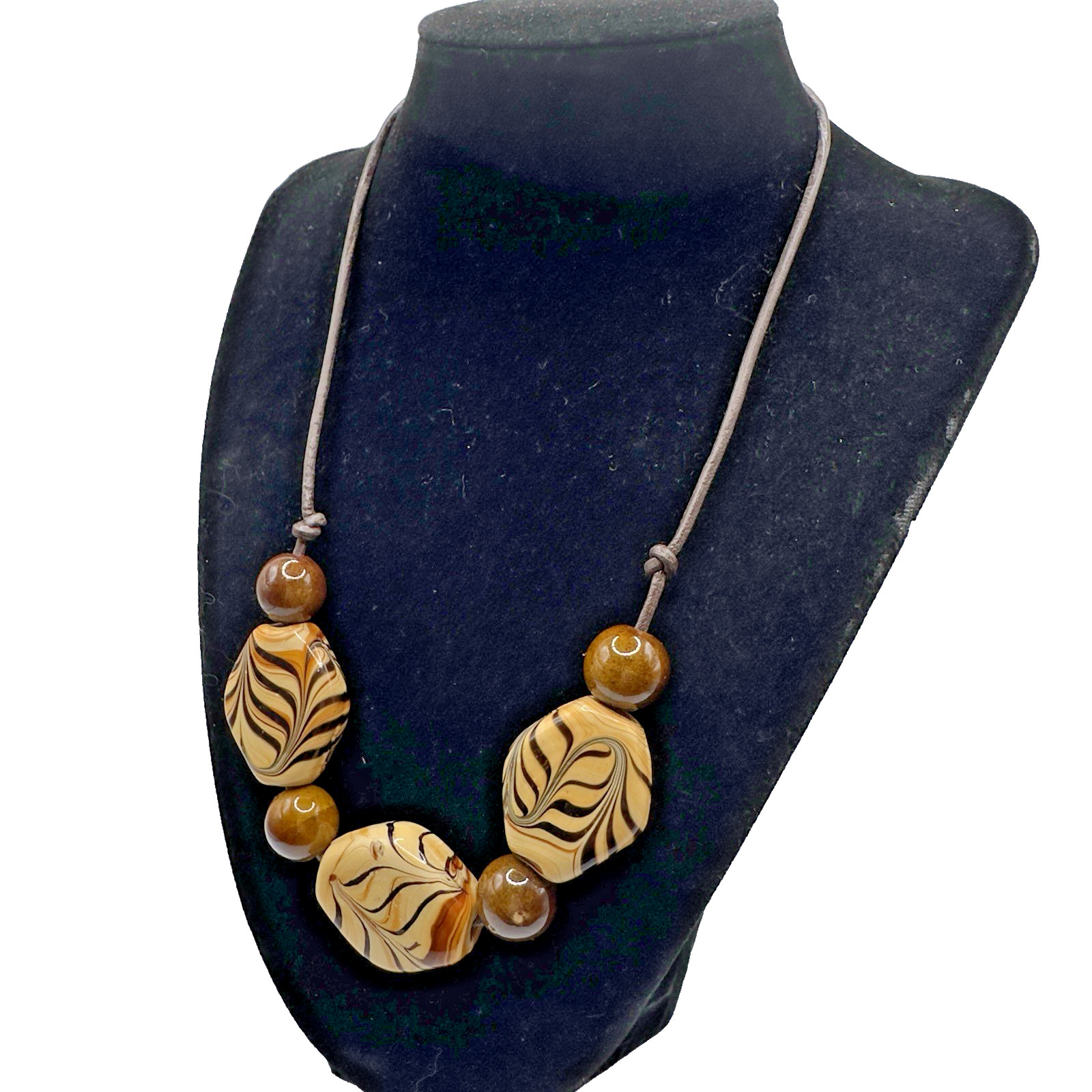 Chunky Boho Glass Ceramic Necklace 18 Inch Tans & Brown Handmade 19″ Leather