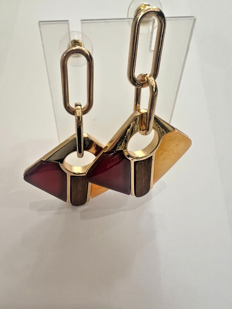 Geometric Earrings Gold Amber Wine Blush Wood 3” Mod Uncas Int Vendor Sample