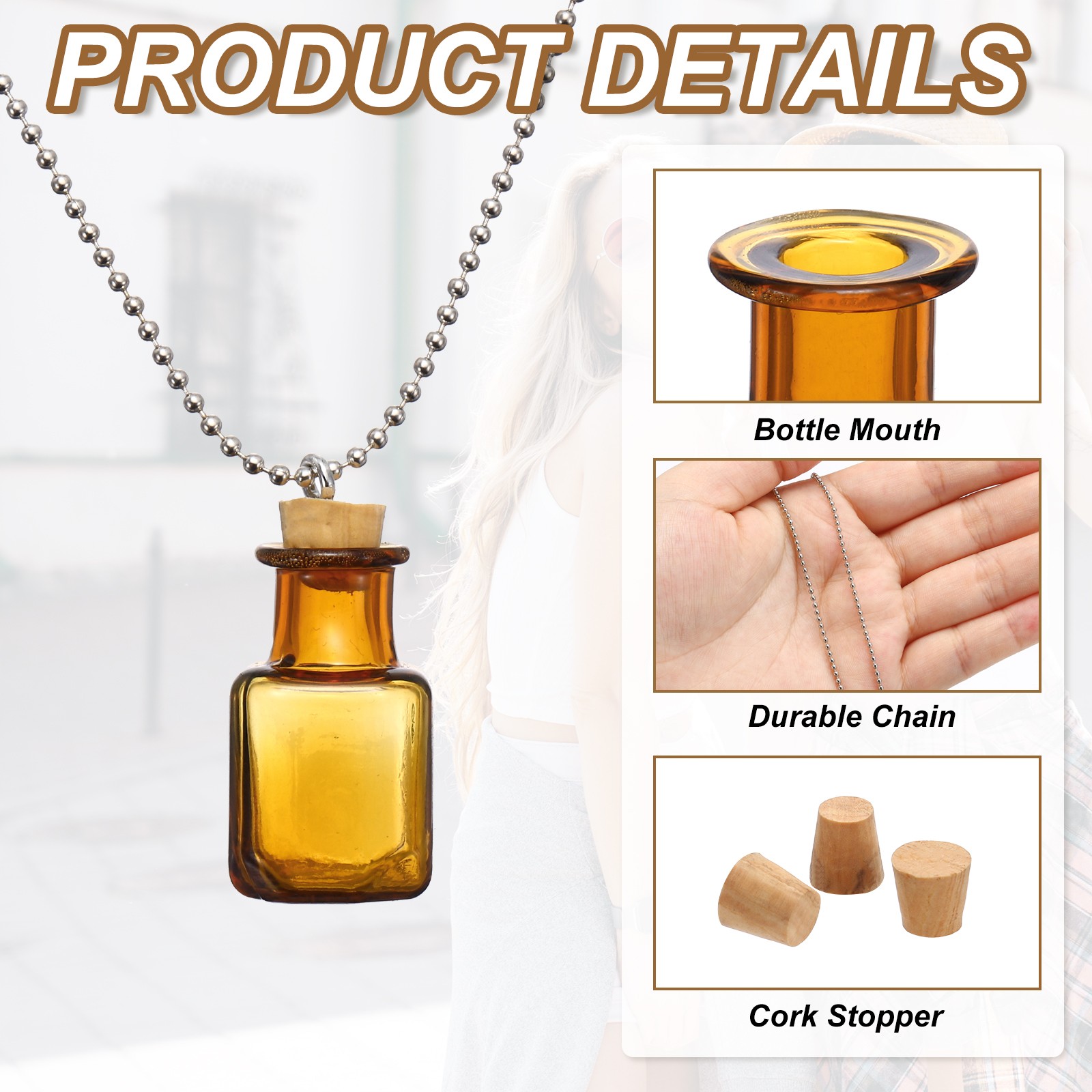 24mm Vial Necklace with Cork Stoppers Black Velvet Bag, Cube Shaped, Champagne