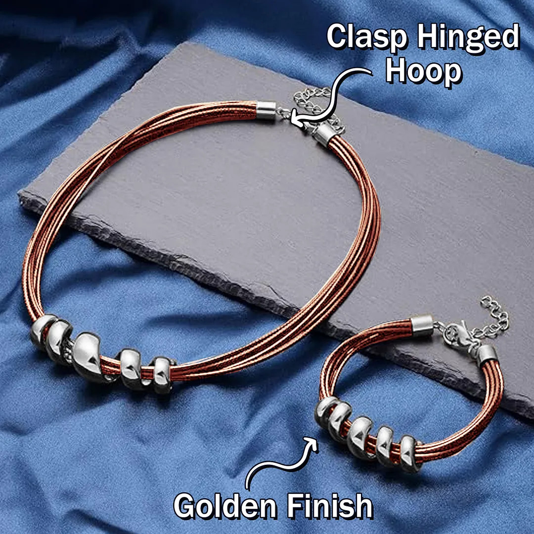 Beige Faux Leather Cord Stainless Steel Twist Bracelet 7″ and Necklace Set 16″