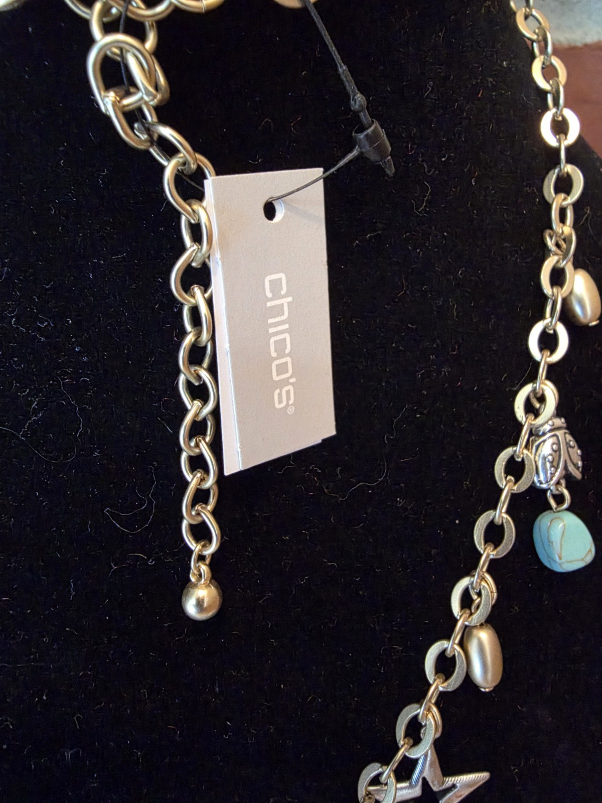 CHICOS Gold Tone Chain Necklace Varied Charms Heart 34″ Long New