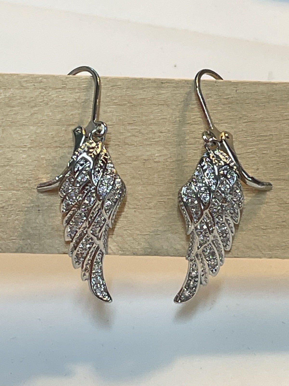 Angel Wings Necklace Earring Set 18” Stainless Silver Stones Statement NEW