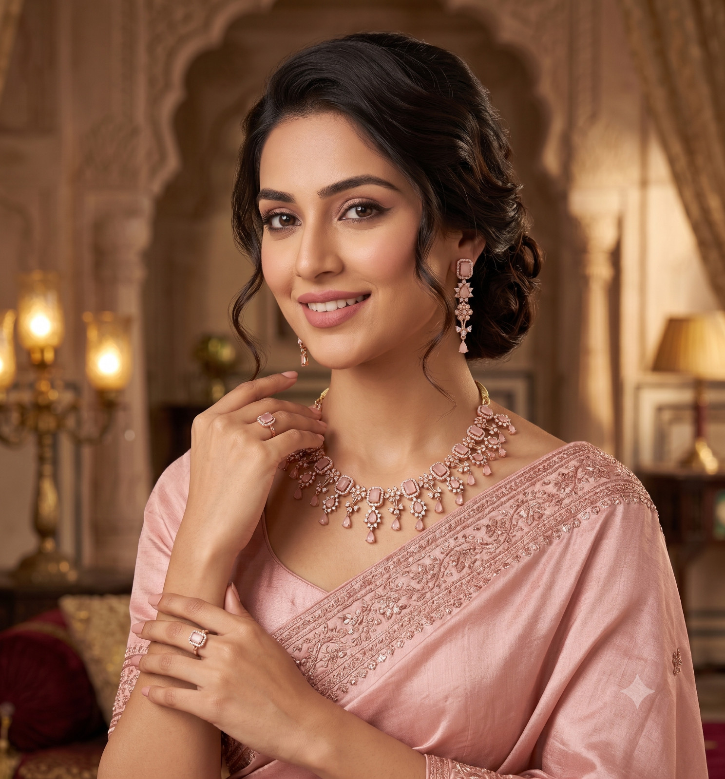 Pink CZ American Diamond Necklace Earrings Set Indian Wedding Bridal Jewelry