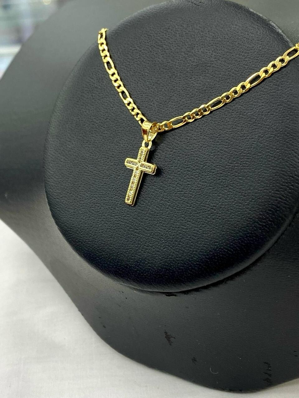 Men Women Cross CZ Pendant 14k Gold Filled Figaro Chain Necklace Baby Kids 17×10