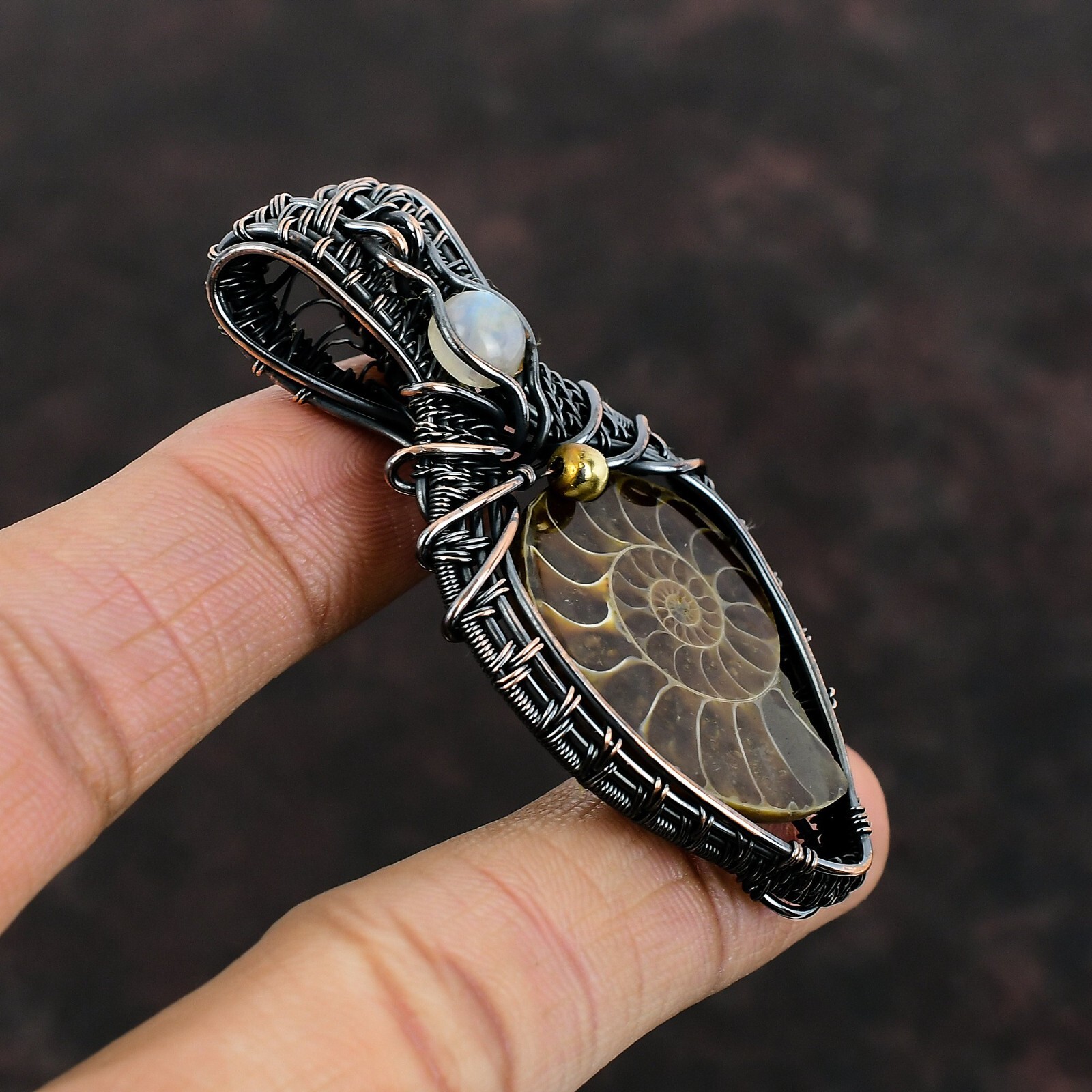 Ammonite Fossil Wire Wrapped Pendant Handcrafted Copper Gift 2.64″