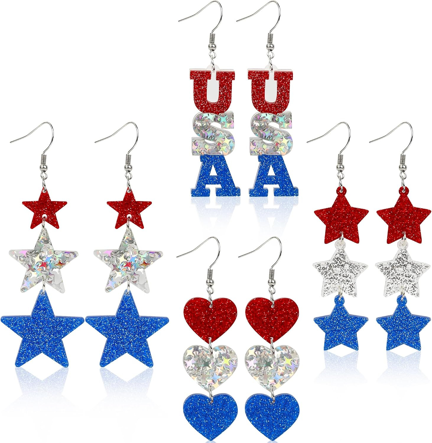 4 Pairs 4Th of July Earrings for Women Heart Star USA Acrylic Dangle Earrings Se