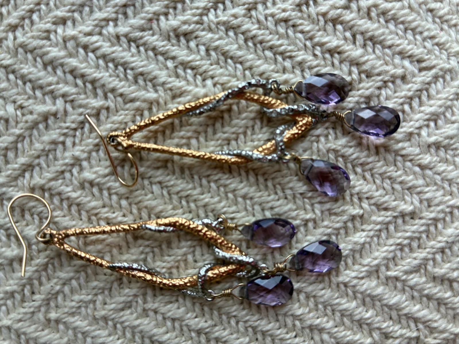 2 pair of Alexis Bittar dangle earrings, Miss Havisham. Amethyst and lucite.