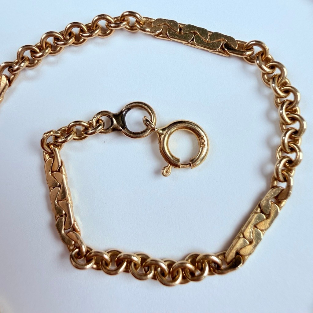 14K Solid Yellow Gold Cable & Flat C Link Chain Unique Necklace 19.75″ Vintage