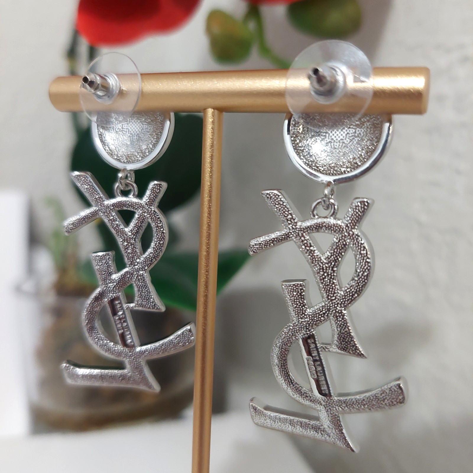 Auth. YVES SAINT LAURENT YSL Dangle Drop Large LOGO EARRINGS Silver Tone