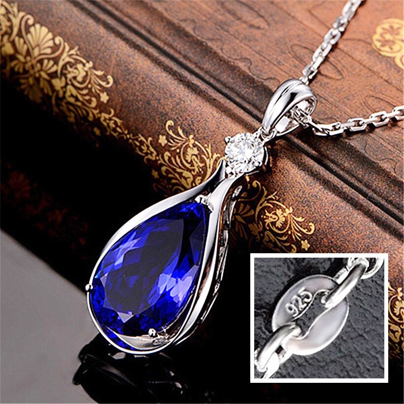 925 Sterling Silver Tanzanite Gemstone And CZ Sapphre Pendant Necklace D355