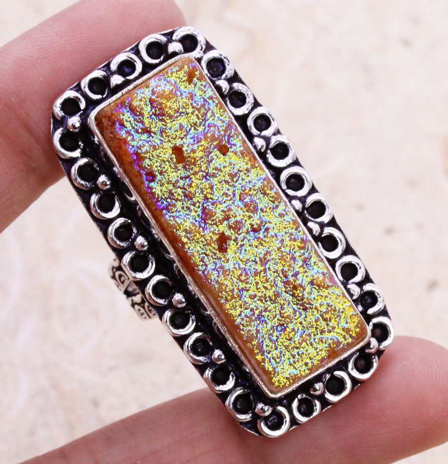 Color Enhanced Titanium Druzy 925 Silver Plated Handmade Ring of US Size 7