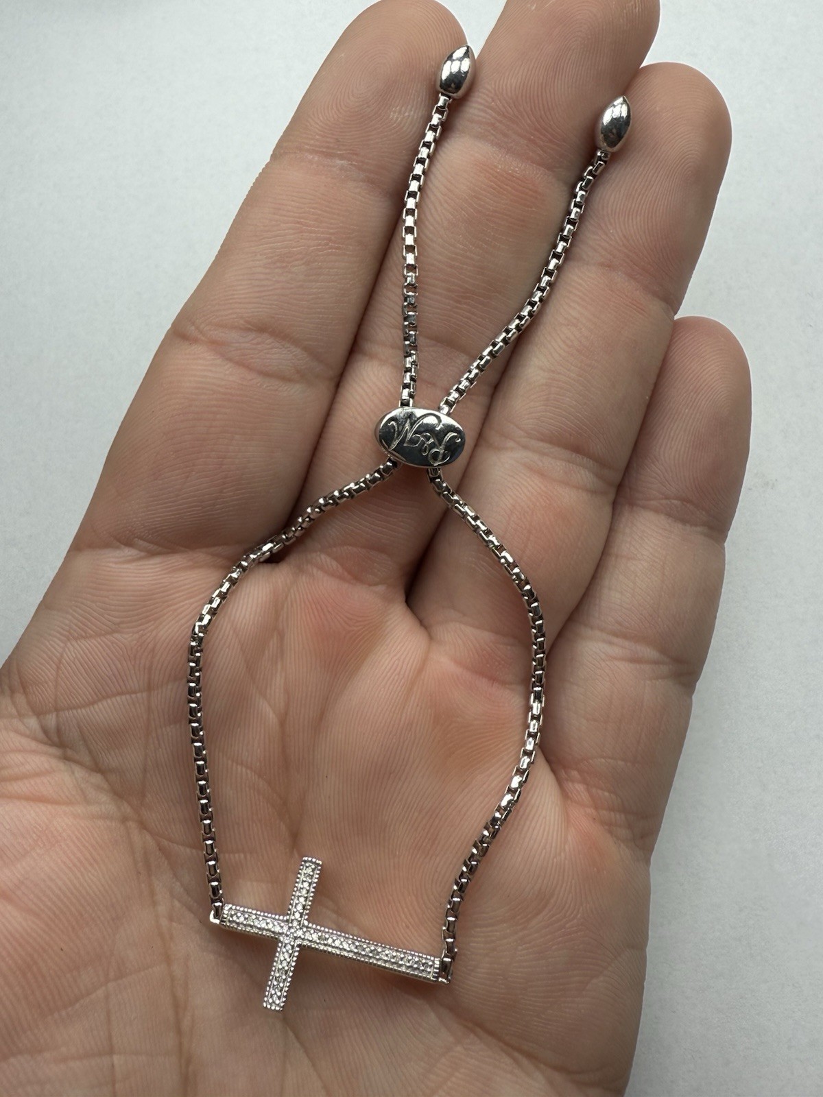 Sterling Silver Pave CZ Stones Cross Charm Lariat Adjustable Bracelet – 8.2g