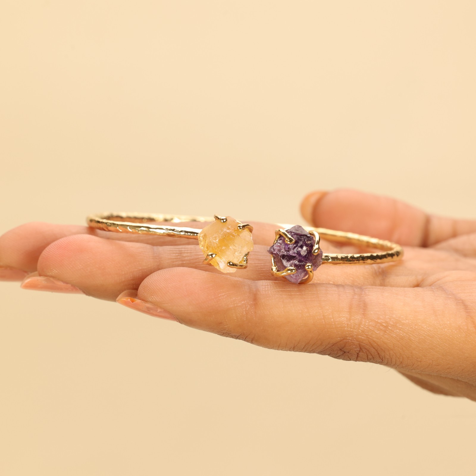 Amethyst Citrine Rough Gold Plated Brass Open Bracelet, Women Jewelry BR-5