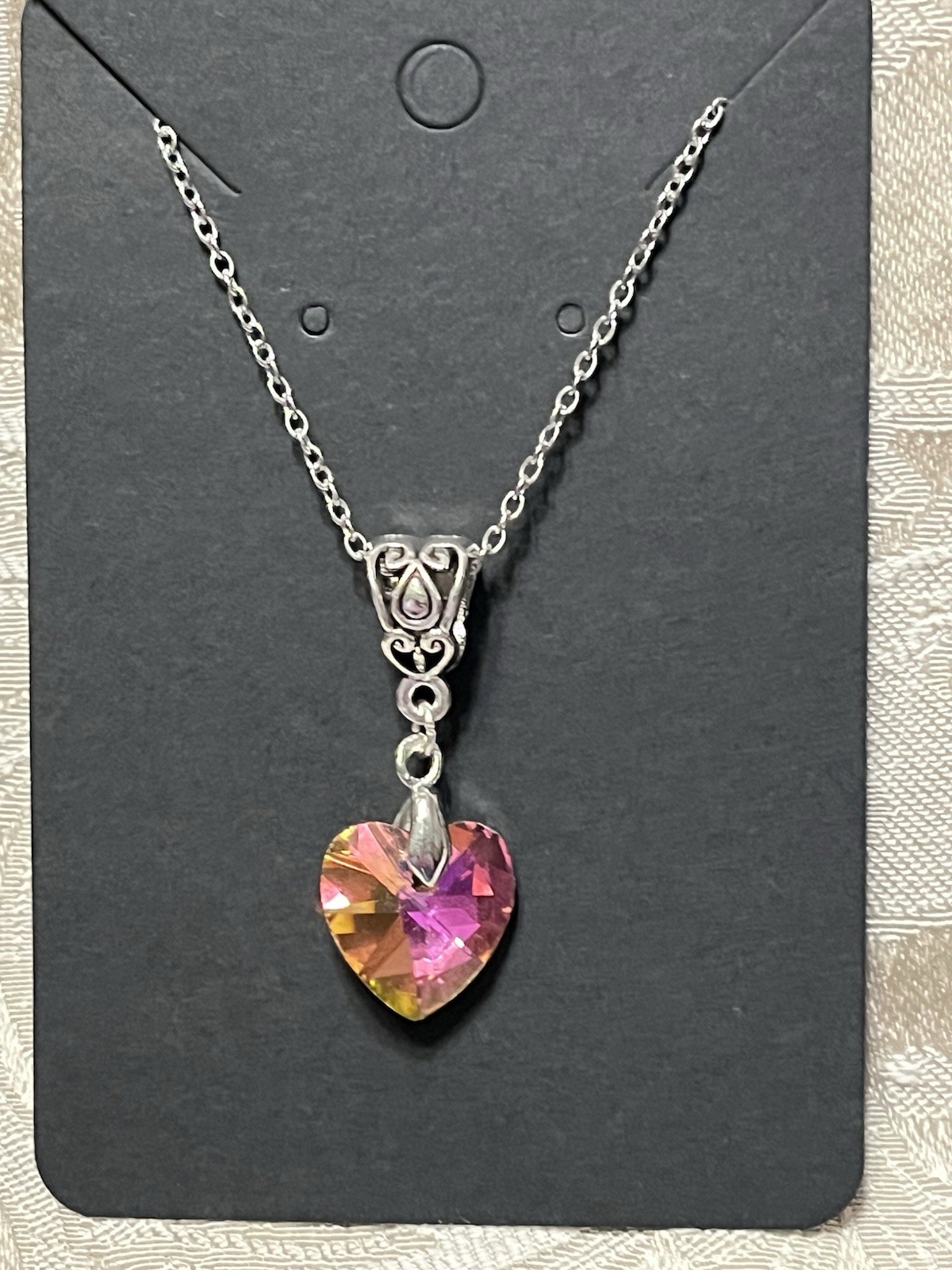 Vintage Orange Pink Glass Gem Heart Silver Charm Pendant Fashion Necklace 18”