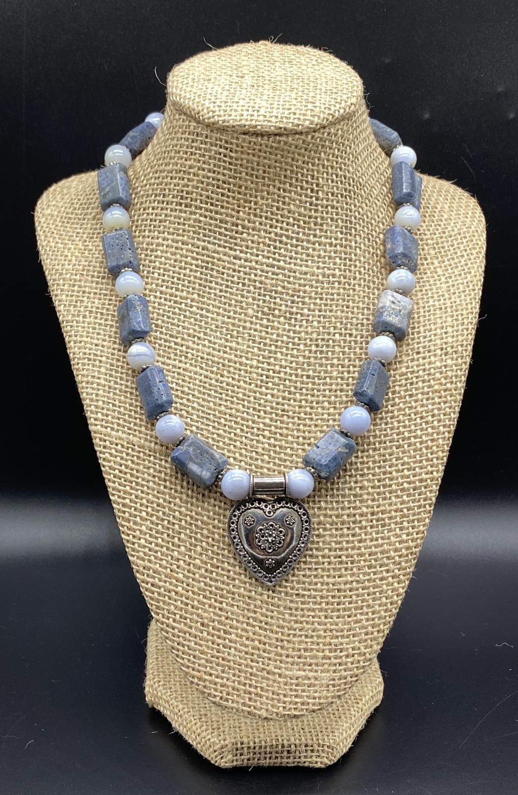 ARTISAN-Sterling Silver Chunky Heavy Quartz Ball Cylinder Heart Pendant Necklace