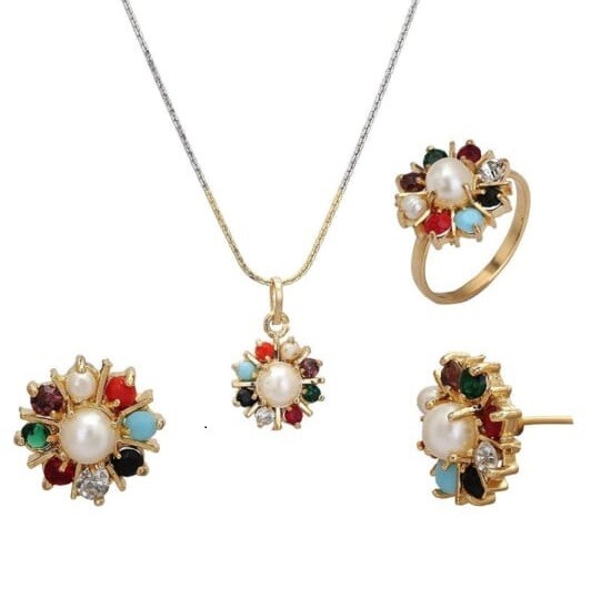 Navratan Attractive Combo Offer Earrings Pendant Chain Ring Cubic Zirconia AD GP