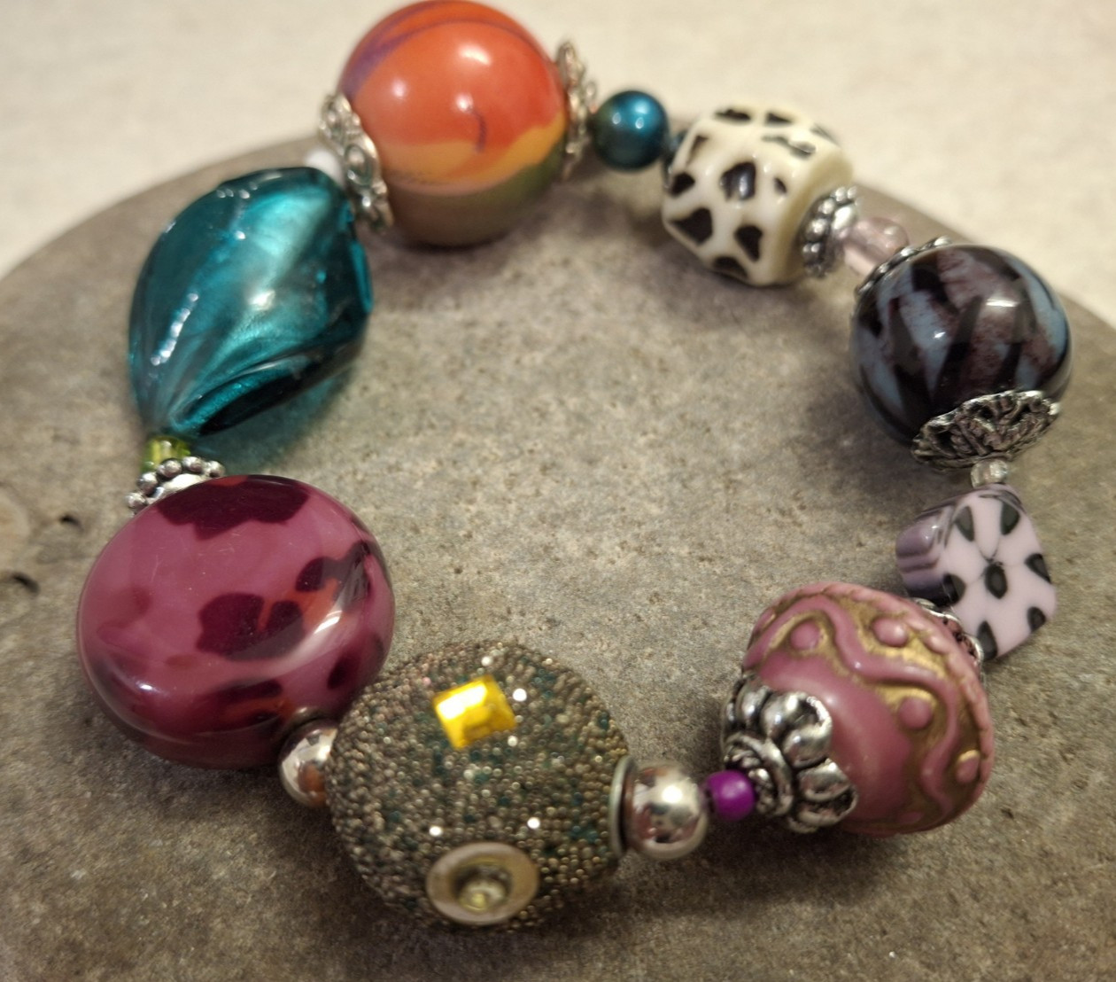 TRESKA Mixed Bead Stretch Bracelet Chunky Bold Colorful Boho Excellent Pre-Owned