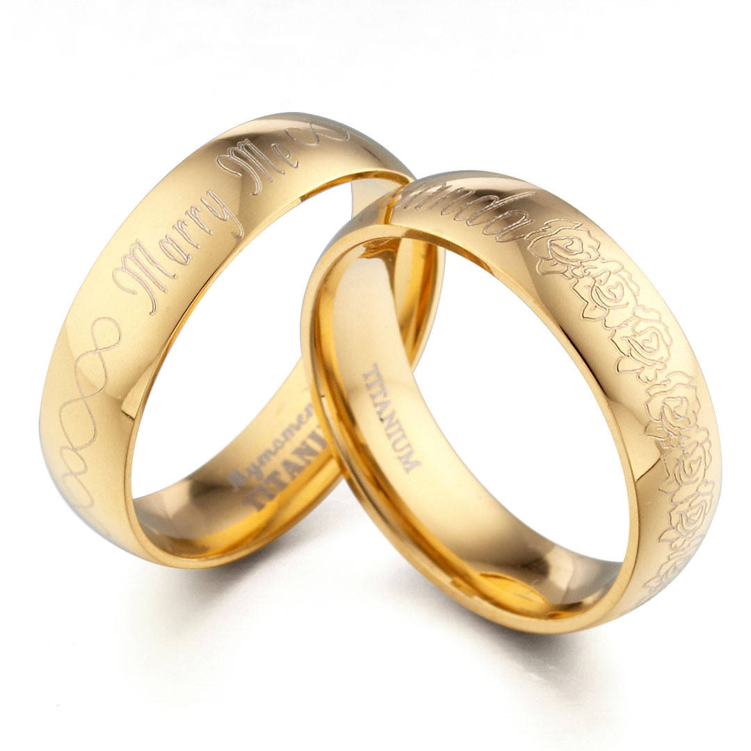 His&Her Yellow Gold Wedding Dome Comfort Fit Titanium Polish Ring Set Sz3.5-16.5