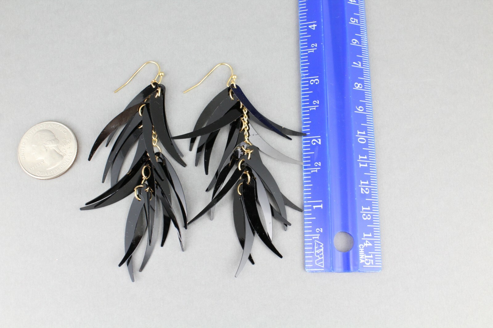 Black feathered earrings dangle 3.5″ long lightweight tassel fringe