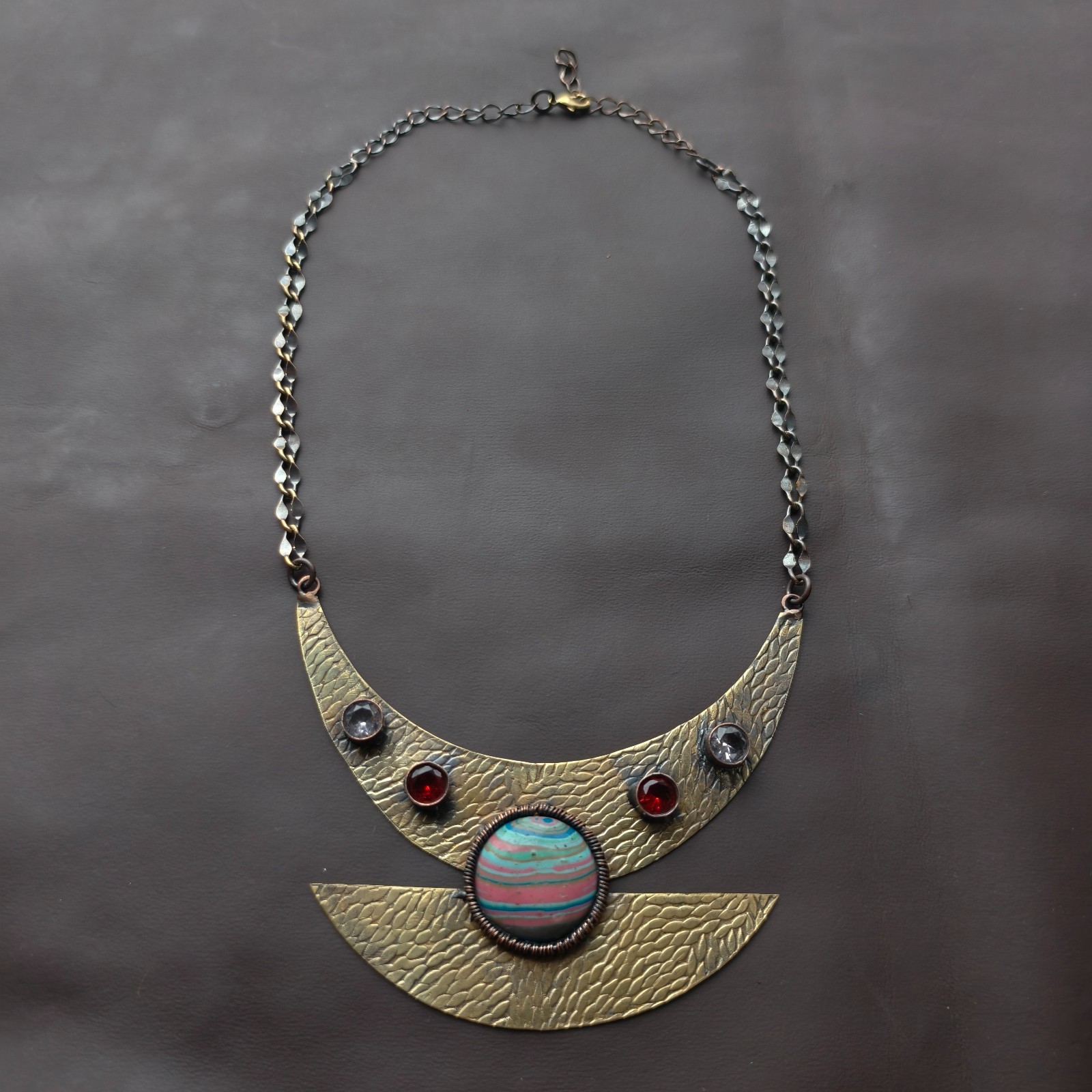 Handmade Copper Wire Wrapped Statement Necklace, Colorful Patterned Necklace