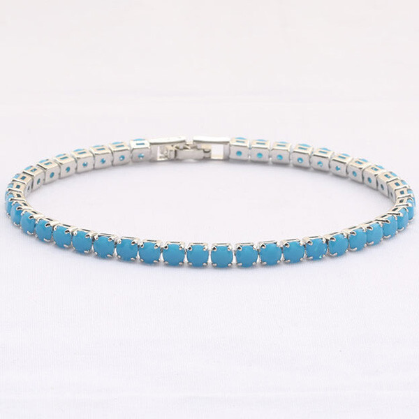New Slim 4MM Round Cut Blue Turquoise Gems Charm Women Silver Bracelets 7.4”
