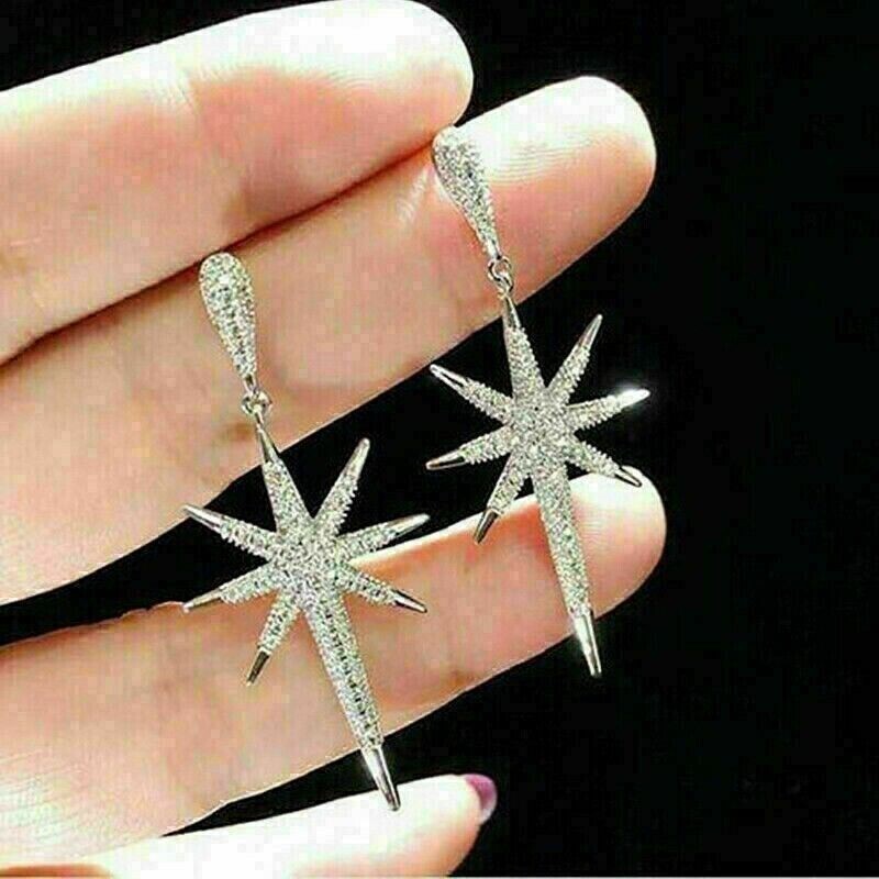 Round Cut Simulated Diamond Women’s Snowflake Drop Earring 14K White Gold Plated