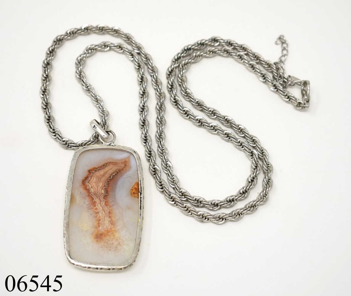 30″ Silver-T Beige & White Agate Pendant Rope Chain Choker Necklace Wrappable