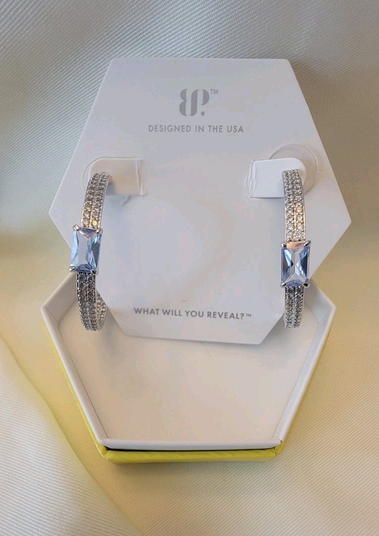 Bomb Party OG Hoop Earrings “All The Answers” Aquamarine Spinal On Rhodium