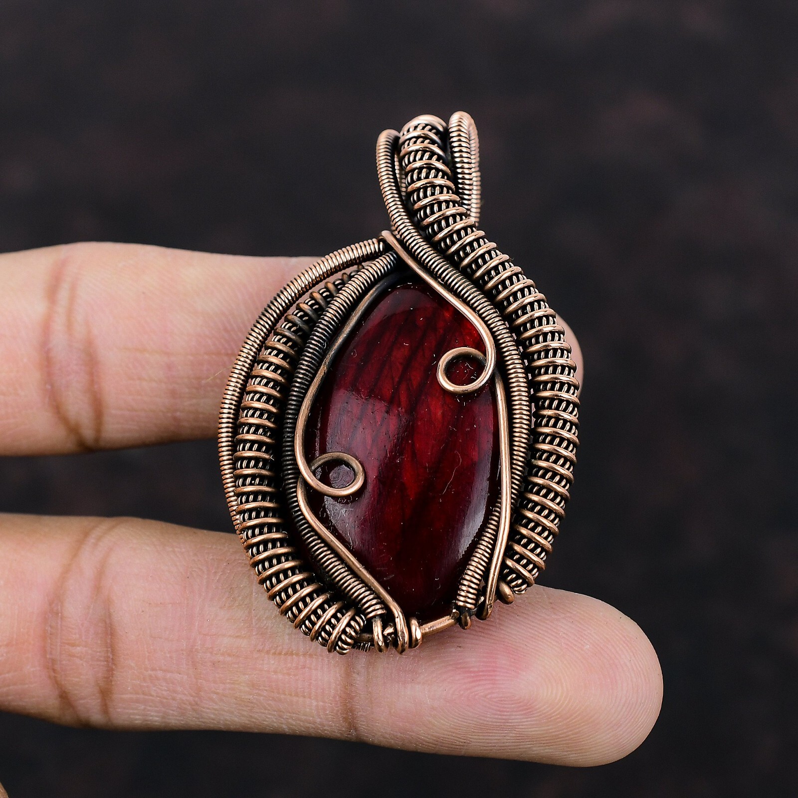 Red Fire Labradorite Wire Wrapped Pendant Handcrafted Copper Dailywear 2.28″