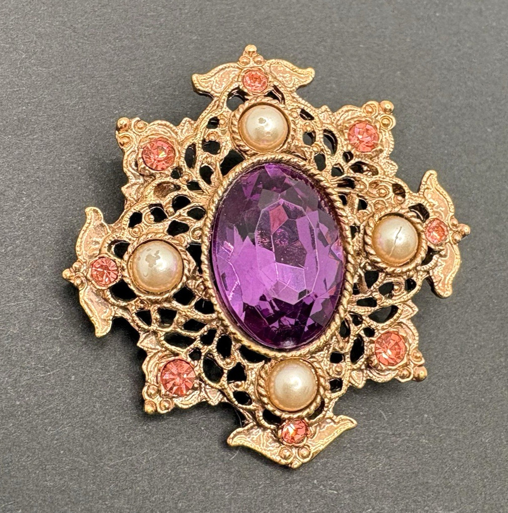 1928 Brand Victorian Revival Brooch Purple Pink Glass Faux Pearl Rose Gold Tone