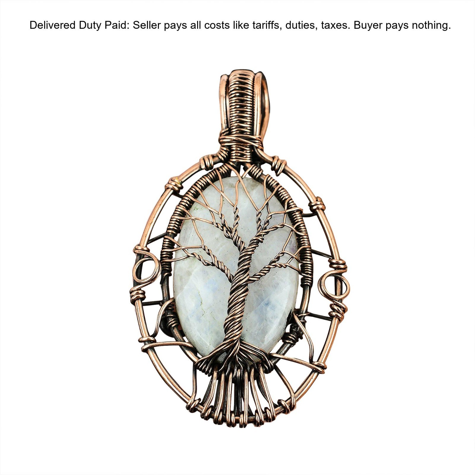 Copper Rainbow Moonstone Gemstone Tree Of Life And Wire Wrapped Pendant Jewelry