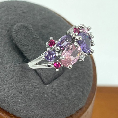 Ring Silver Tone Multicolor Cubic Zirconia Inlay Crystals Lush Prong Setting S6