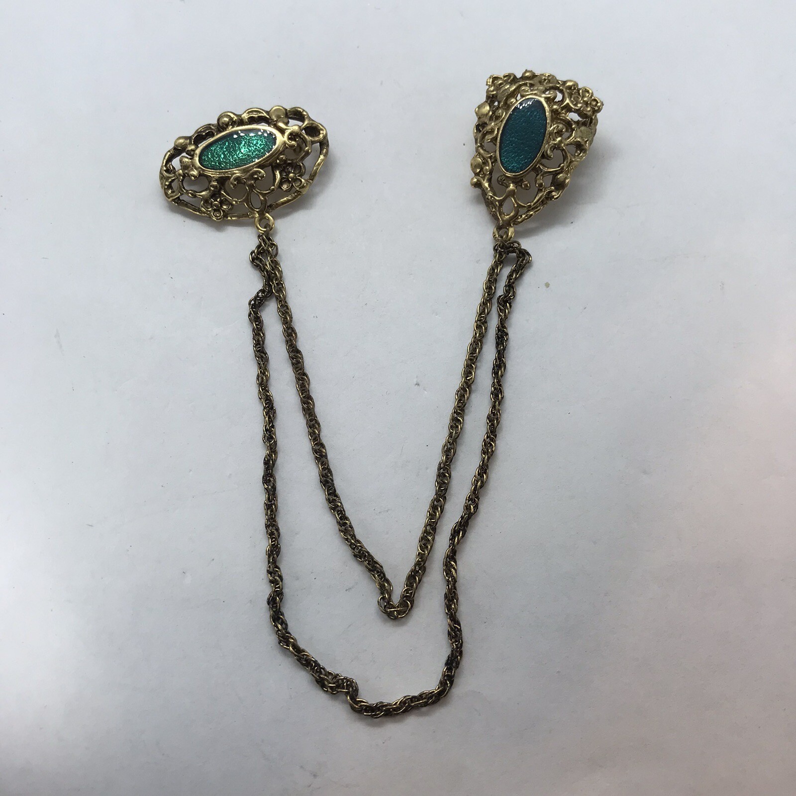 Vintage Brooch Enamel Dangler Chains Double Pin Victorian Revival
