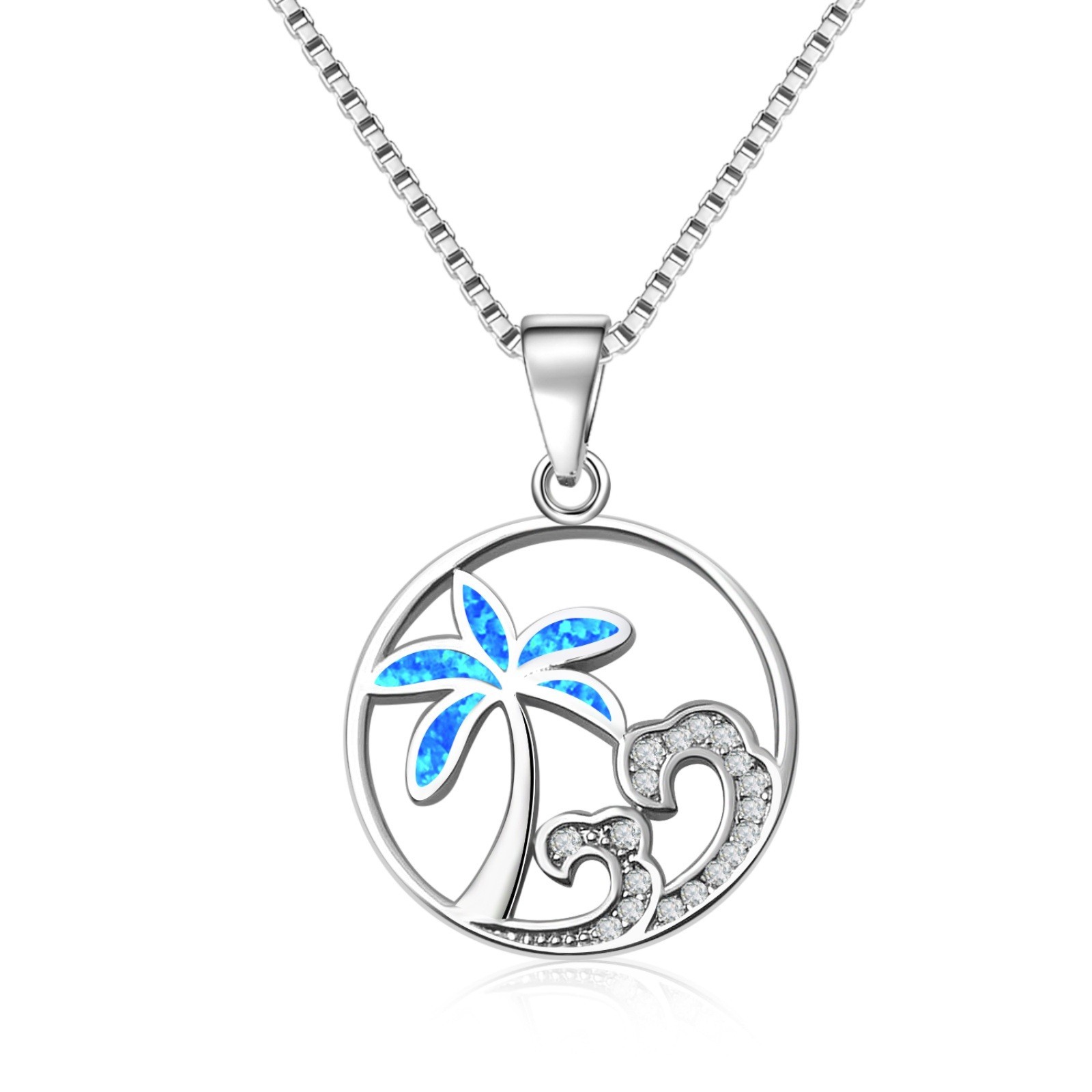 Vikoly Blue Fire Opal Coconut Trees and Wave Necklace Silver Filled For Women