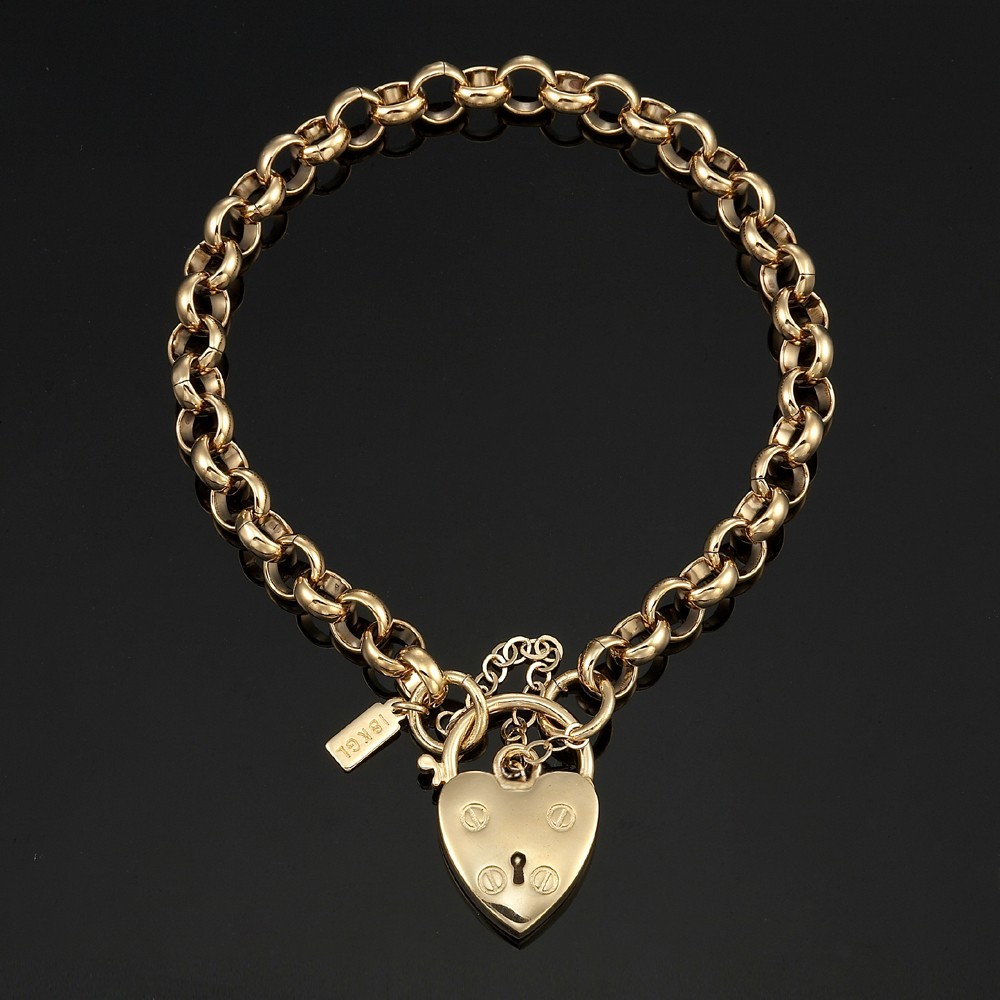 18K GL Solid Belcher Gold Bracelet with Classic Antique Style Heart Padlock