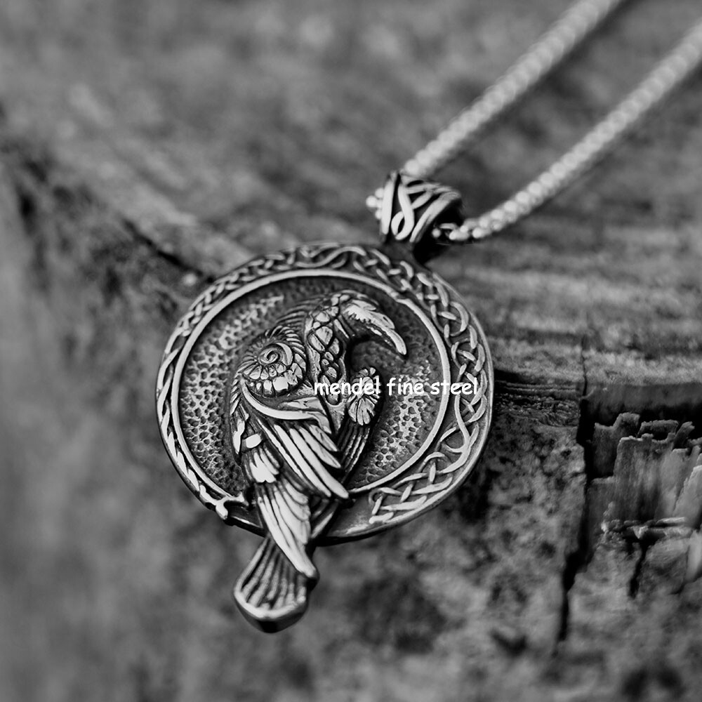 MENDEL Mens Norse Viking Stainless Steel Odin Raven Crow Rune Pendant Necklace