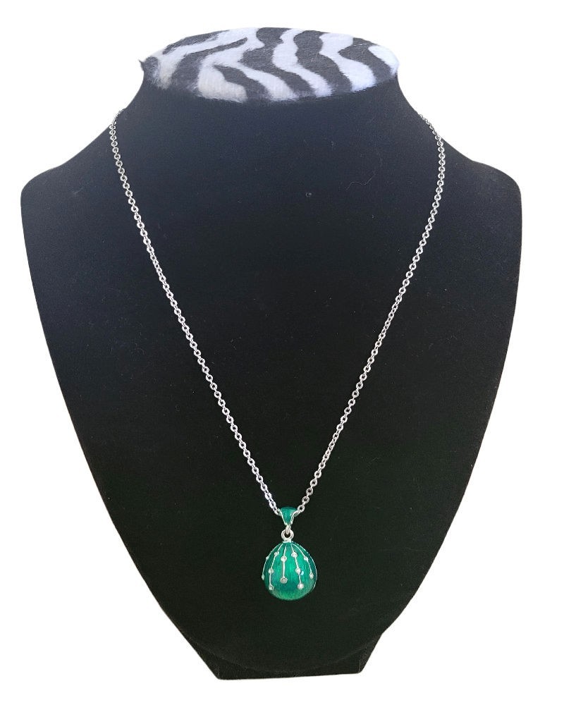 Russian Faberge Inspired Easter Enamel Egg Green Color Pendant w/ Silver Chain